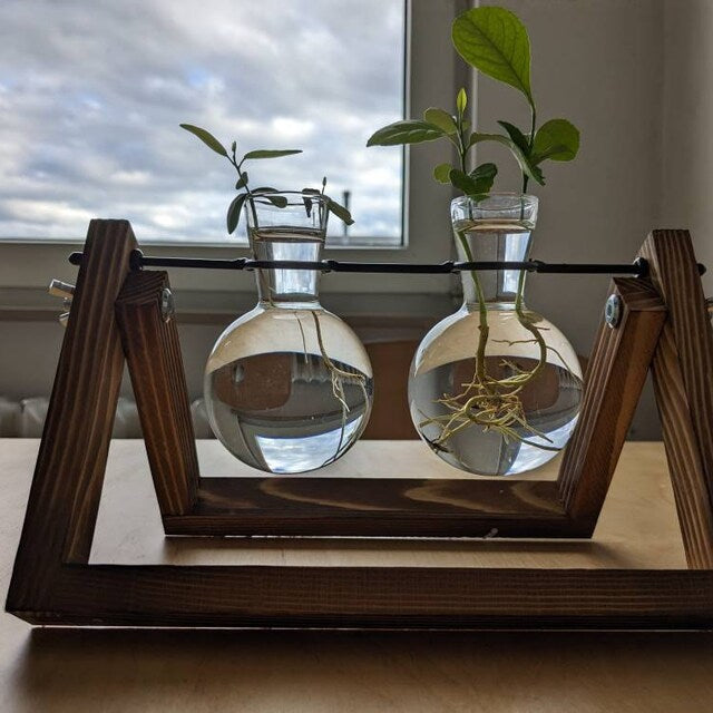 Creative Plant Terrarium with Wooden Stand, Air Planter Bulb Glass Vase Metal Swivel Holder Retro Tabletop for Hydroponics Home Garden Office Decoration