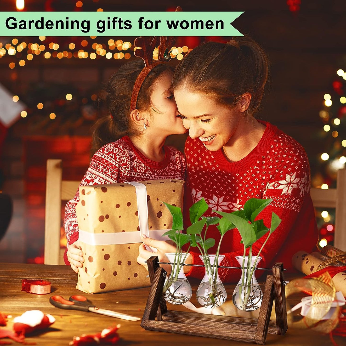 Creative Plant Terrarium with Wooden Stand, Air Planter Bulb Glass Vase Metal Swivel Holder Retro Tabletop for Hydroponics Home Garden Office Decoration