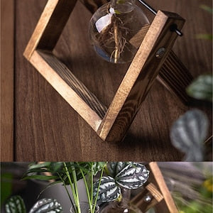 Creative Plant Terrarium with Wooden Stand, Air Planter Bulb Glass Vase Metal Swivel Holder Retro Tabletop for Hydroponics Home Garden Office Decoration