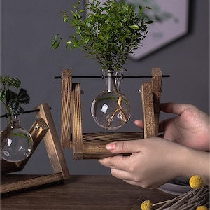 Creative Plant Terrarium with Wooden Stand, Air Planter Bulb Glass Vase Metal Swivel Holder Retro Tabletop for Hydroponics Home Garden Office Decoration