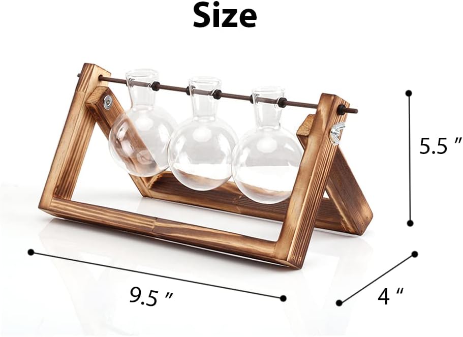 Creative Plant Terrarium with Wooden Stand, Air Planter Bulb Glass Vase Metal Swivel Holder Retro Tabletop for Hydroponics Home Garden Office Decoration