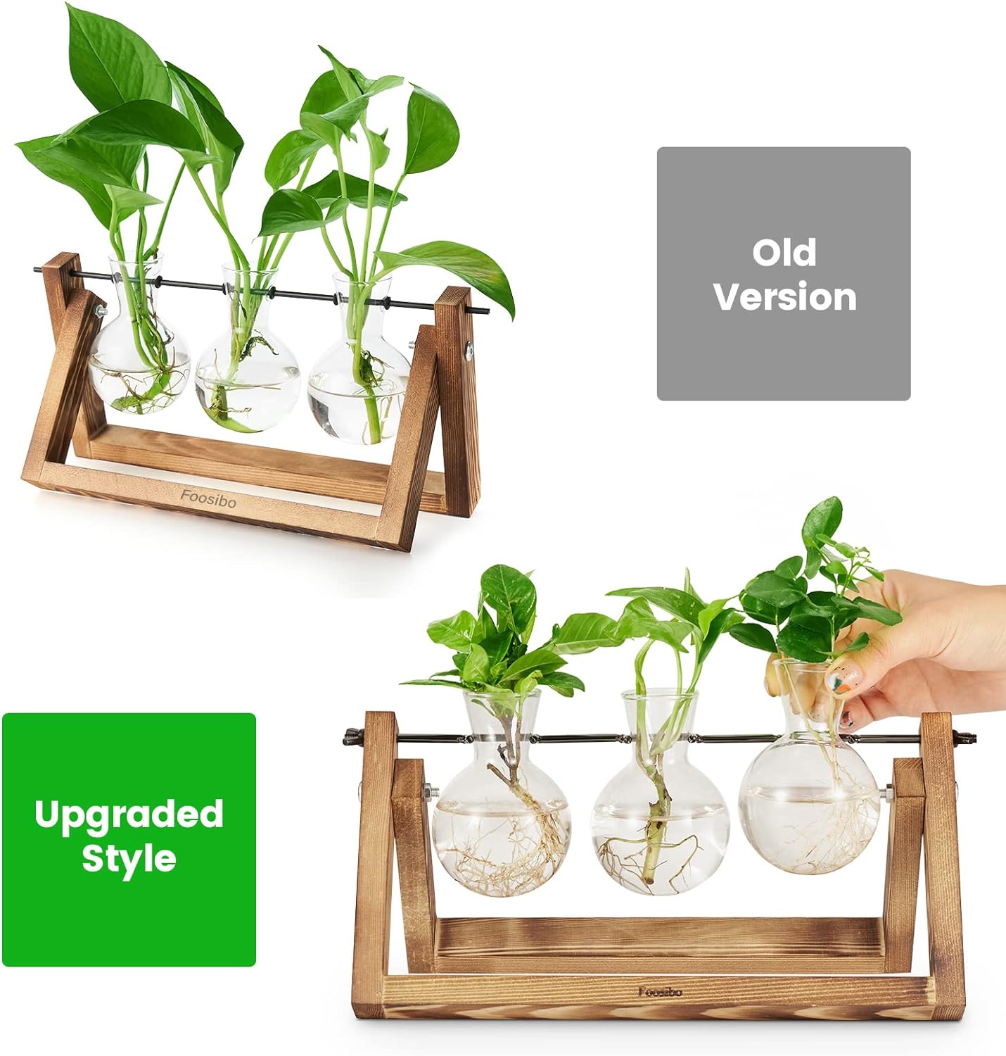 Creative Plant Terrarium with Wooden Stand, Air Planter Bulb Glass Vase Metal Swivel Holder Retro Tabletop for Hydroponics Home Garden Office Decoration