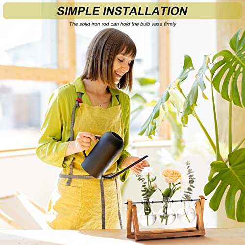 Creative Plant Terrarium with Wooden Stand, Air Planter Bulb Glass Vase Metal Swivel Holder Retro Tabletop for Hydroponics Home Garden Office Decoration