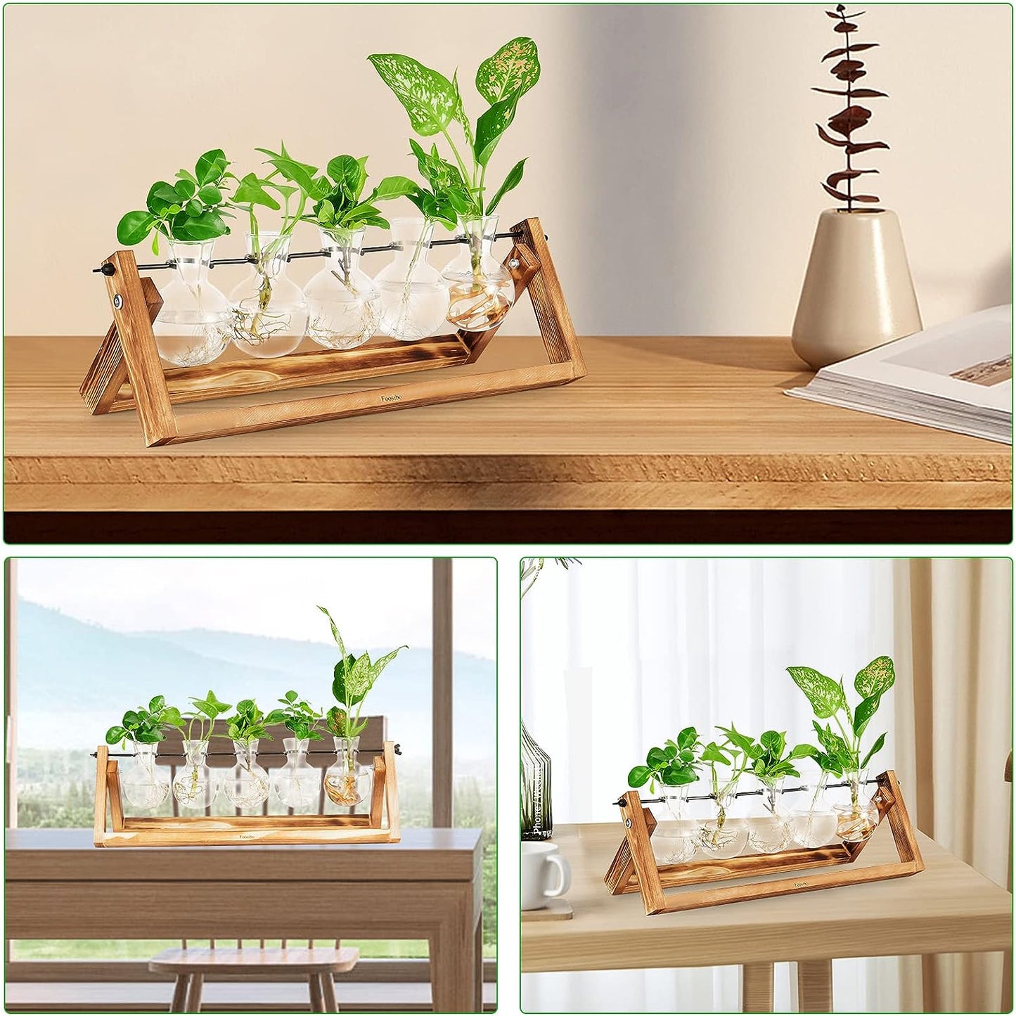 Creative Plant Terrarium with Wooden Stand, Air Planter Bulb Glass Vase Metal Swivel Holder Retro Tabletop for Hydroponics Home Garden Office Decoration