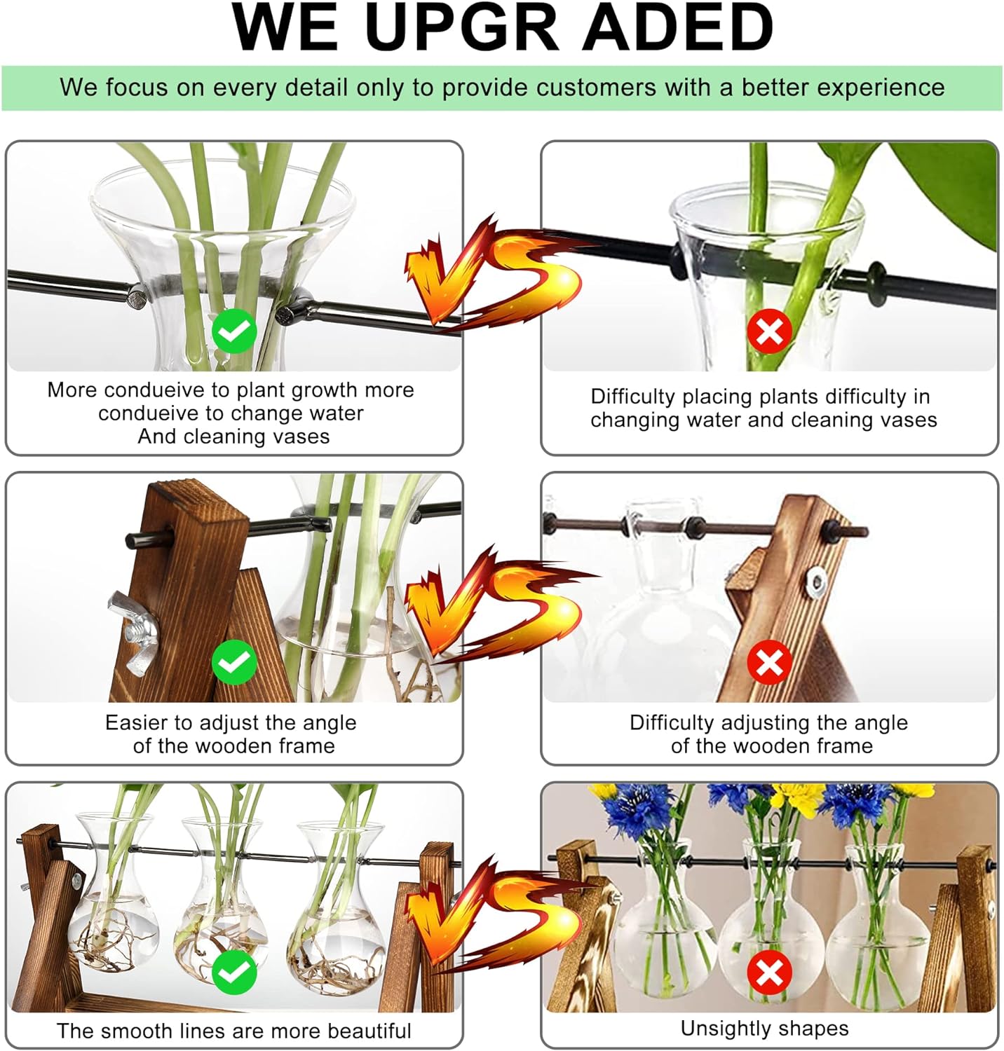 Creative Plant Terrarium with Wooden Stand, Air Planter Bulb Glass Vase Metal Swivel Holder Retro Tabletop for Hydroponics Home Garden Office Decoration