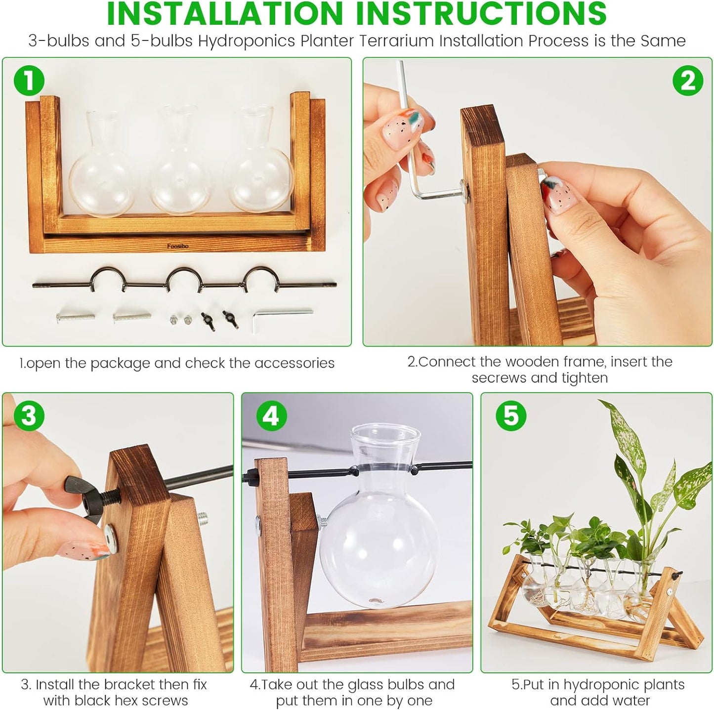 Creative Plant Terrarium with Wooden Stand, Air Planter Bulb Glass Vase Metal Swivel Holder Retro Tabletop for Hydroponics Home Garden Office Decoration