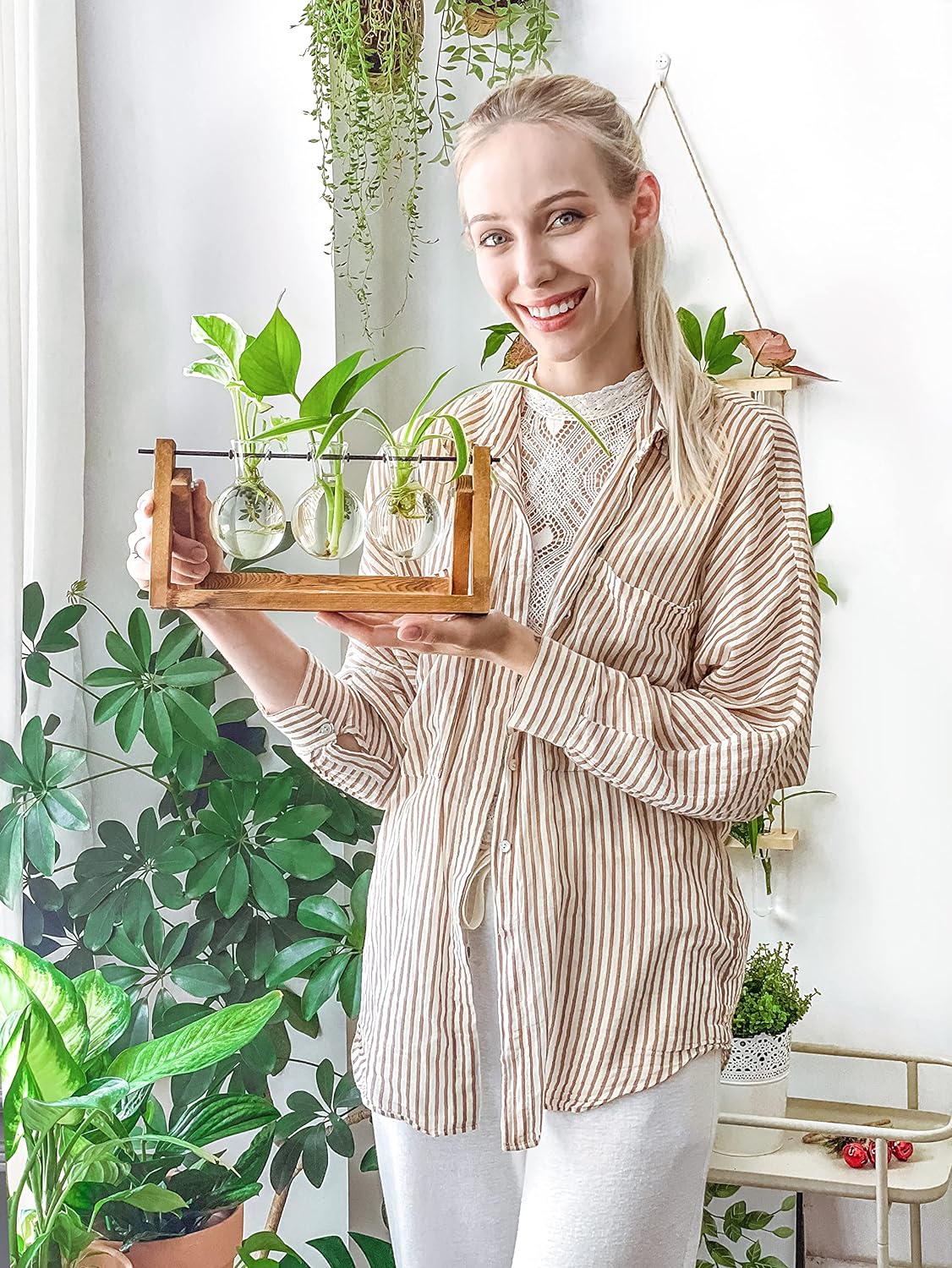 Creative Plant Terrarium with Wooden Stand, Air Planter Bulb Glass Vase Metal Swivel Holder Retro Tabletop for Hydroponics Home Garden Office Decoration