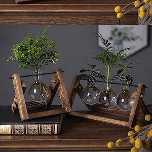 Creative Plant Terrarium with Wooden Stand, Air Planter Bulb Glass Vase Metal Swivel Holder Retro Tabletop for Hydroponics Home Garden Office Decoration