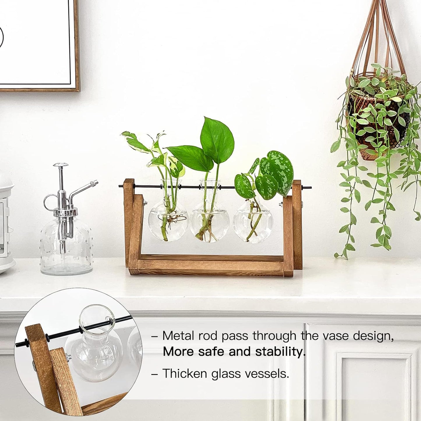Creative Plant Terrarium with Wooden Stand, Air Planter Bulb Glass Vase Metal Swivel Holder Retro Tabletop for Hydroponics Home Garden Office Decoration