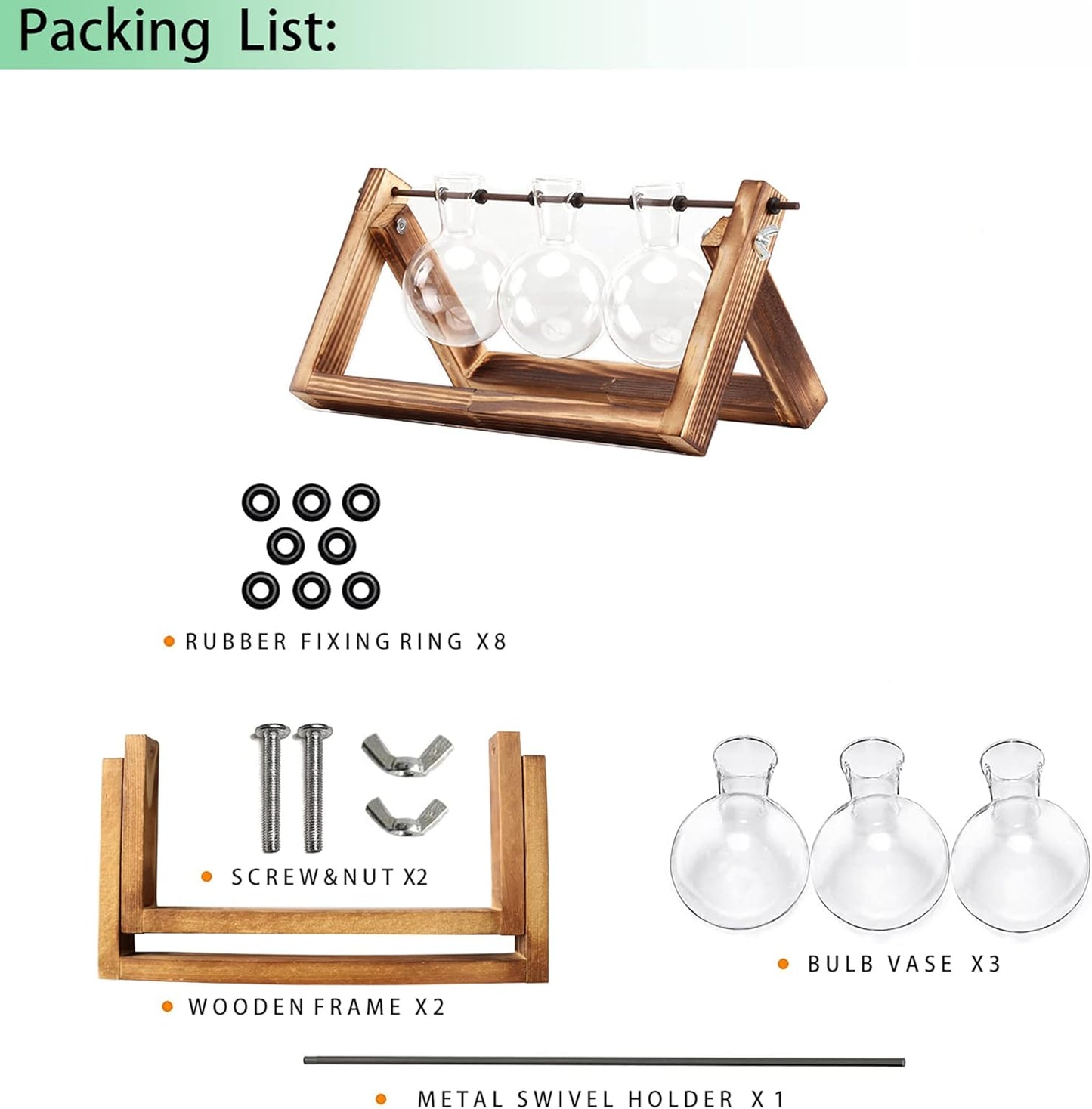 Creative Plant Terrarium with Wooden Stand, Air Planter Bulb Glass Vase Metal Swivel Holder Retro Tabletop for Hydroponics Home Garden Office Decoration