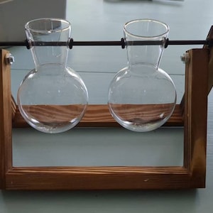 Creative Plant Terrarium with Wooden Stand, Air Planter Bulb Glass Vase Metal Swivel Holder Retro Tabletop for Hydroponics Home Garden Office Decoration