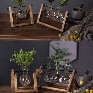 Creative Plant Terrarium with Wooden Stand, Air Planter Bulb Glass Vase Metal Swivel Holder Retro Tabletop for Hydroponics Home Garden Office Decoration