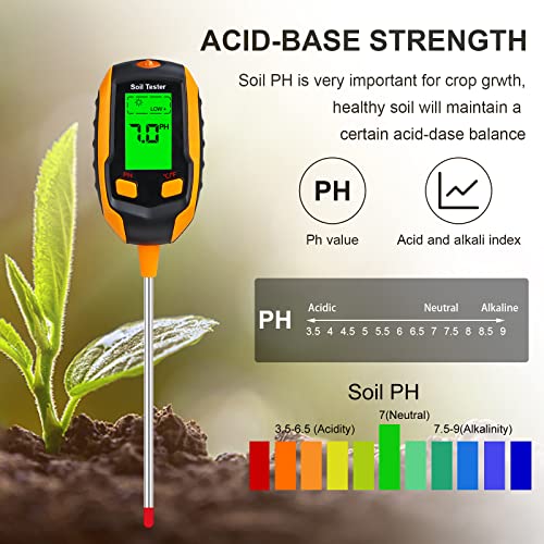 4-in-1 Soil Digital Meter: PH, Soil Moisture, Temperature, Sunlight Intensity/Environment Humidity Backlight LCD display Soil Test Meter for Gardening, Farming, Indoor and Outdoor Plants