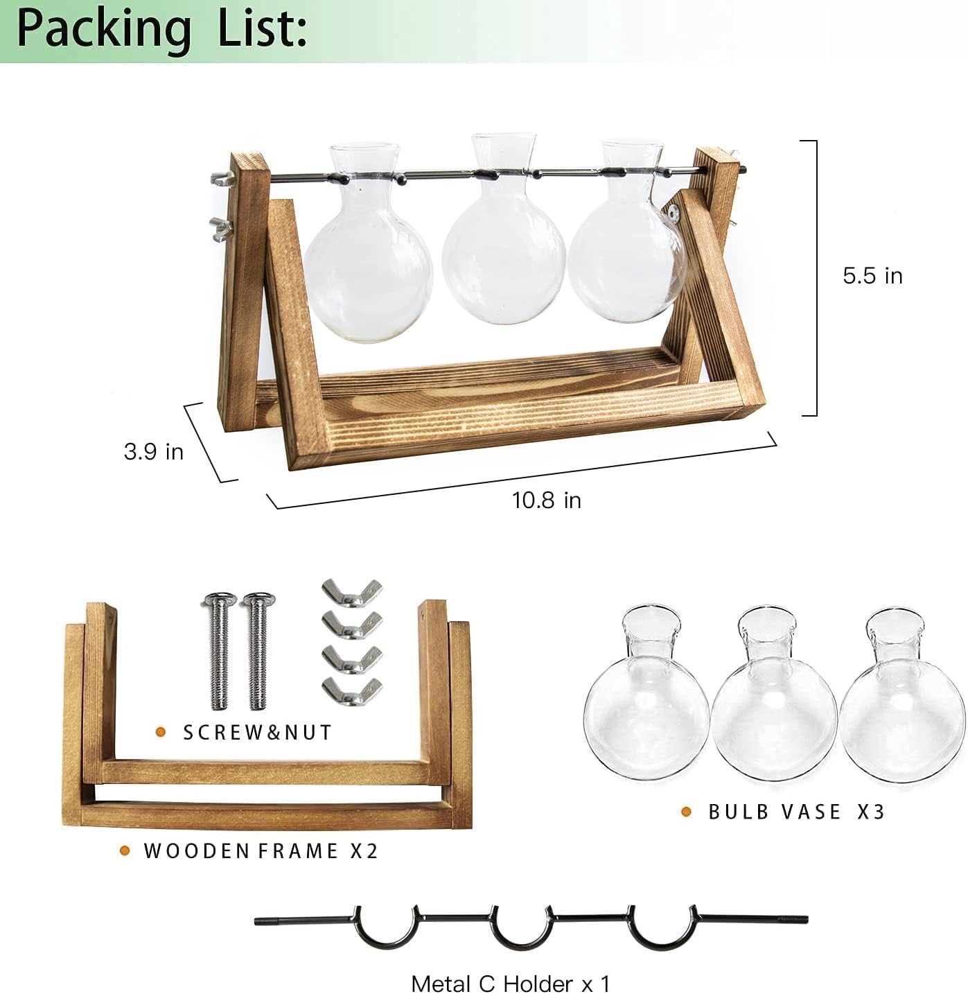 Creative Plant Terrarium with Wooden Stand, Air Planter Bulb Glass Vase Metal Swivel Holder Retro Tabletop for Hydroponics Home Garden Office Decoration