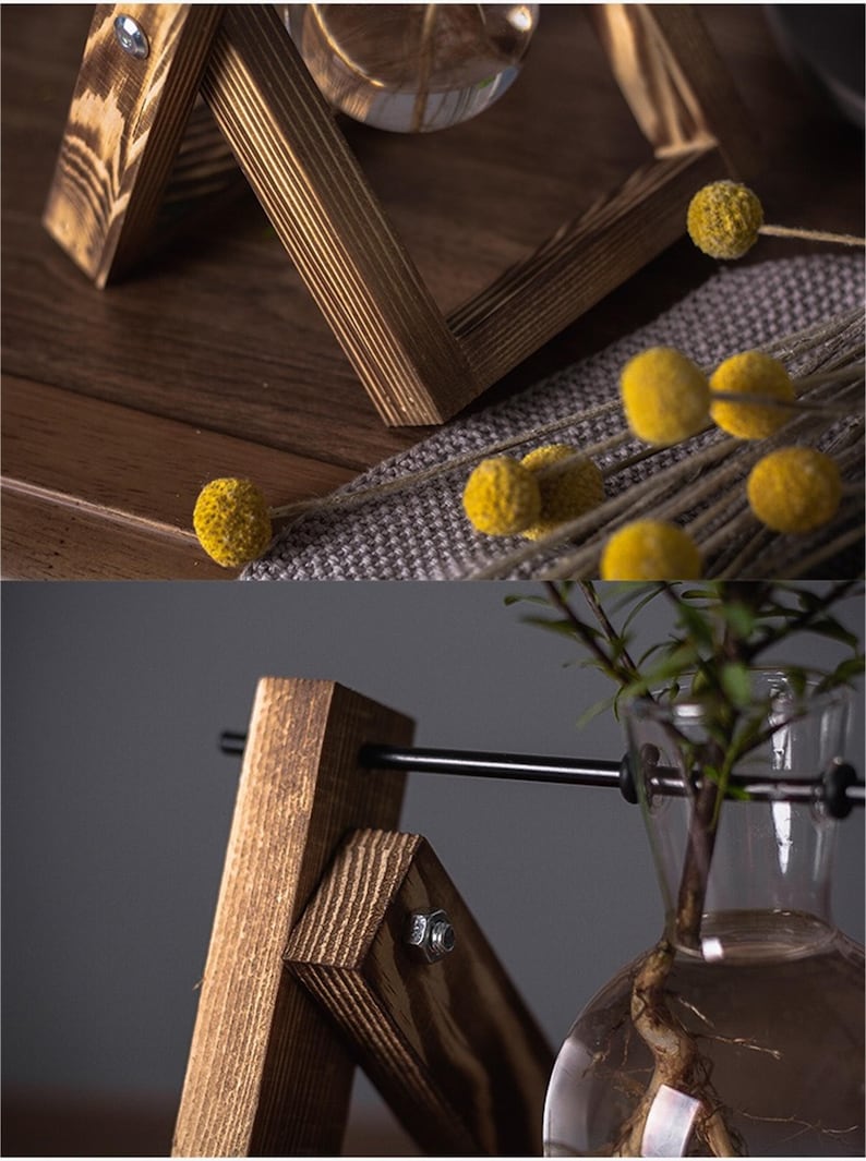 Creative Plant Terrarium with Wooden Stand, Air Planter Bulb Glass Vase Metal Swivel Holder Retro Tabletop for Hydroponics Home Garden Office Decoration