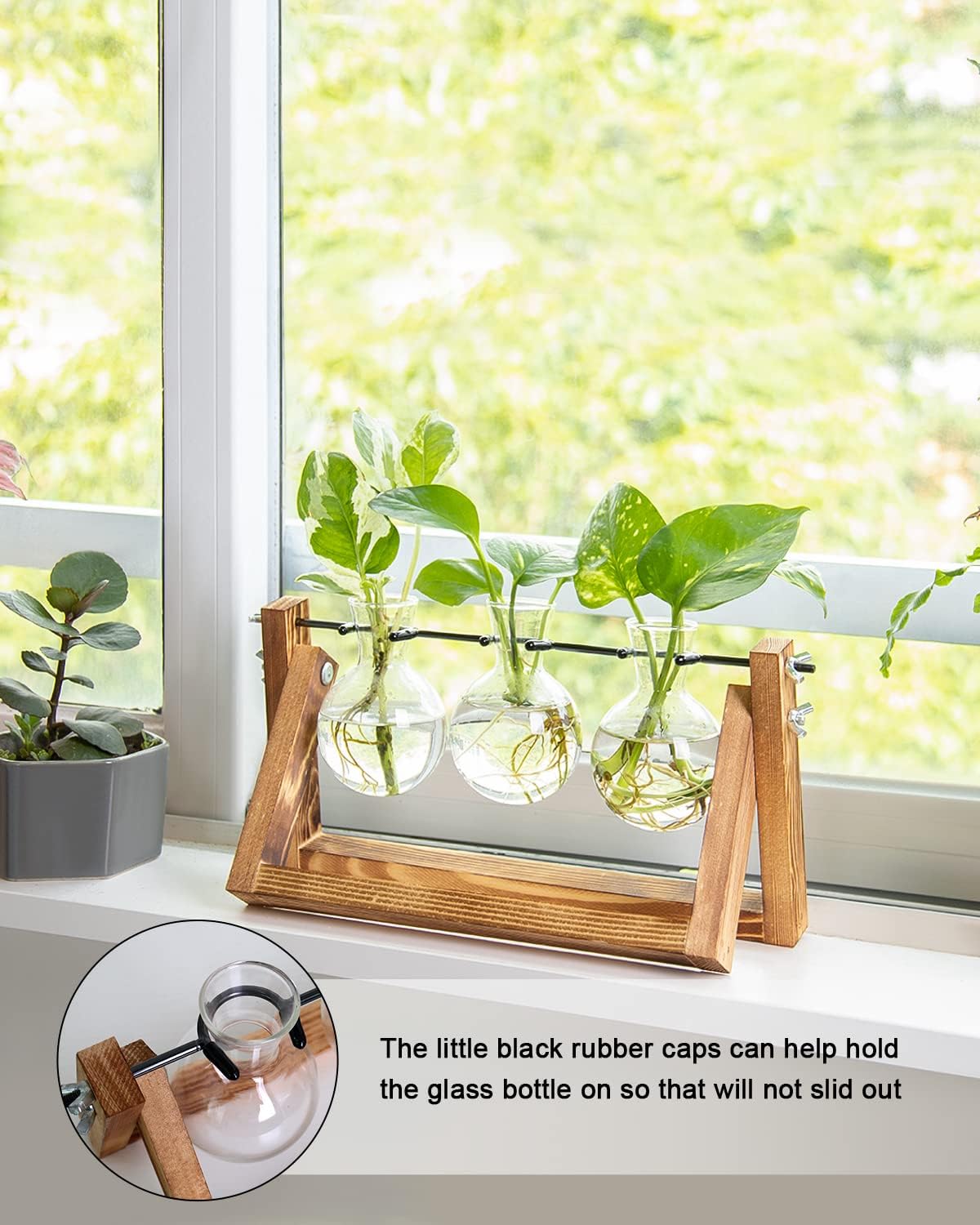 Creative Plant Terrarium with Wooden Stand, Air Planter Bulb Glass Vase Metal Swivel Holder Retro Tabletop for Hydroponics Home Garden Office Decoration