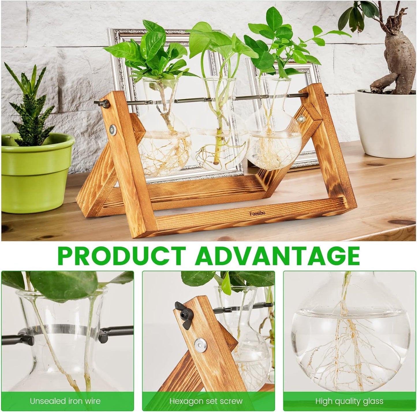 Creative Plant Terrarium with Wooden Stand, Air Planter Bulb Glass Vase Metal Swivel Holder Retro Tabletop for Hydroponics Home Garden Office Decoration