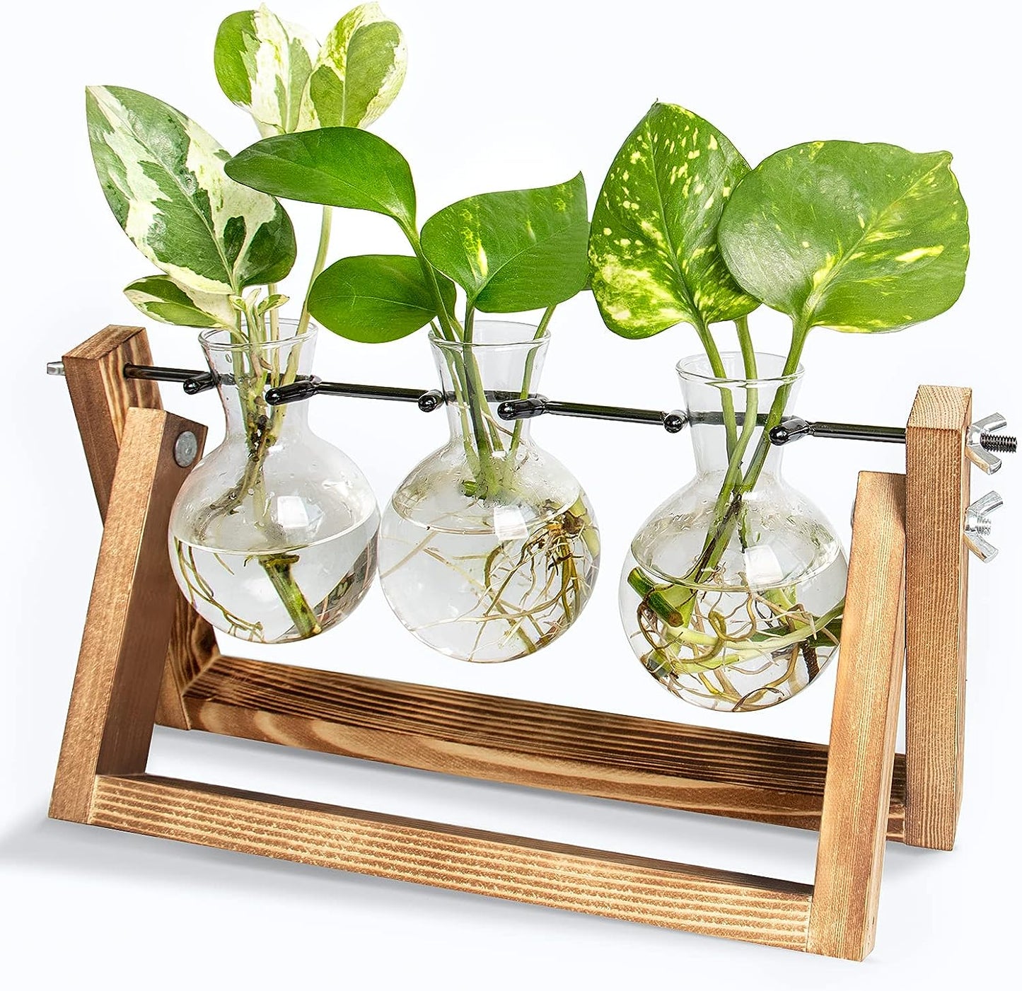 Creative Plant Terrarium with Wooden Stand, Air Planter Bulb Glass Vase Metal Swivel Holder Retro Tabletop for Hydroponics Home Garden Office Decoration