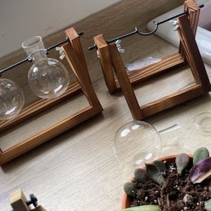 Creative Plant Terrarium with Wooden Stand, Air Planter Bulb Glass Vase Metal Swivel Holder Retro Tabletop for Hydroponics Home Garden Office Decoration