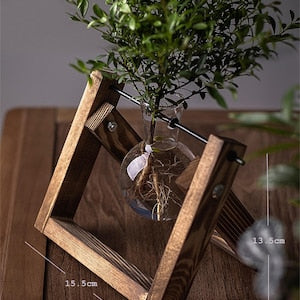 Creative Plant Terrarium with Wooden Stand, Air Planter Bulb Glass Vase Metal Swivel Holder Retro Tabletop for Hydroponics Home Garden Office Decoration