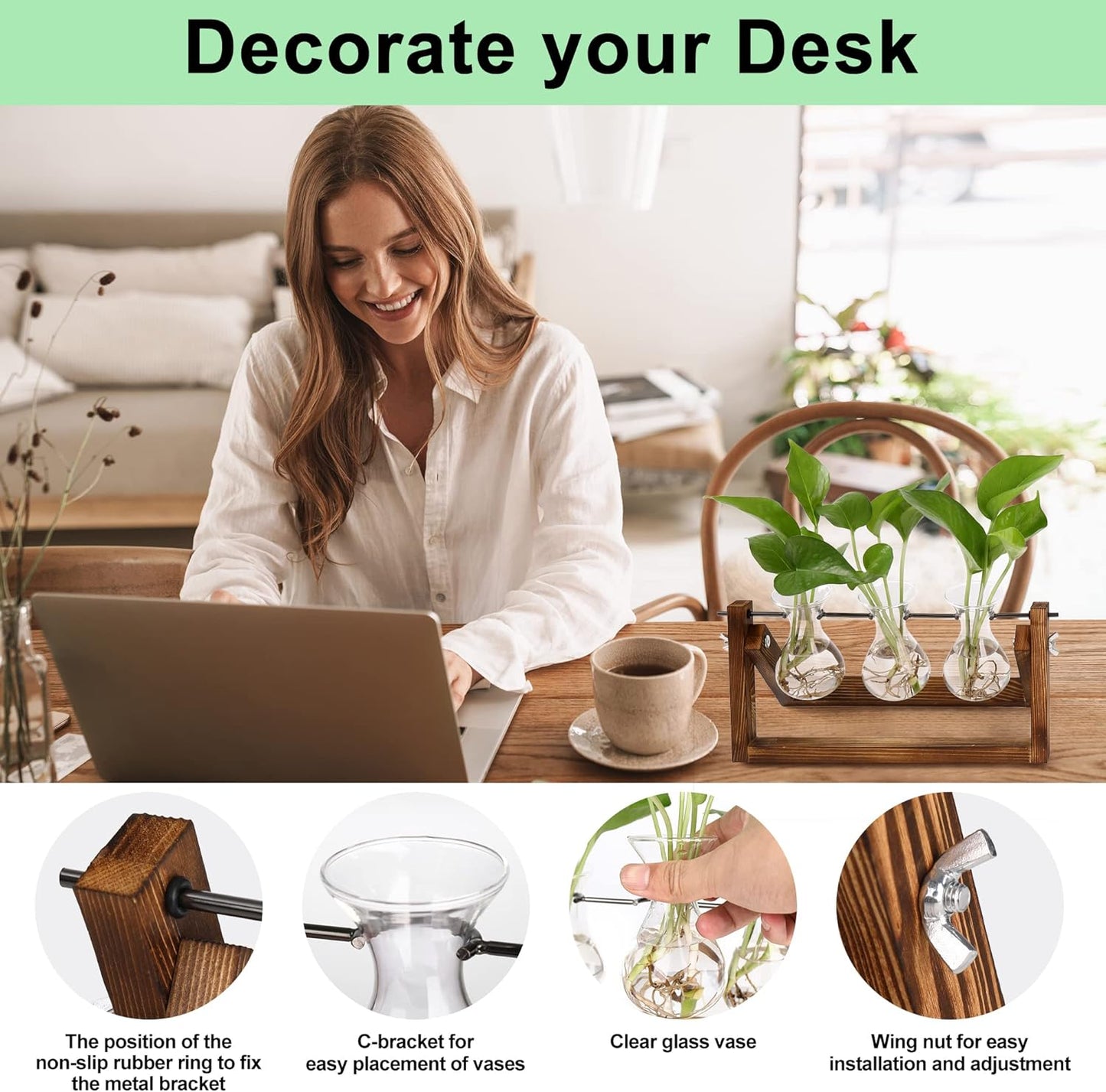 Creative Plant Terrarium with Wooden Stand, Air Planter Bulb Glass Vase Metal Swivel Holder Retro Tabletop for Hydroponics Home Garden Office Decoration