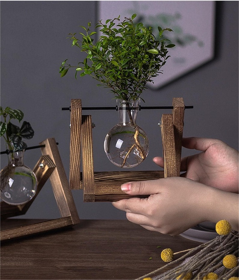 Creative Plant Terrarium with Wooden Stand, Air Planter Bulb Glass Vase Metal Swivel Holder Retro Tabletop for Hydroponics Home Garden Office Decoration