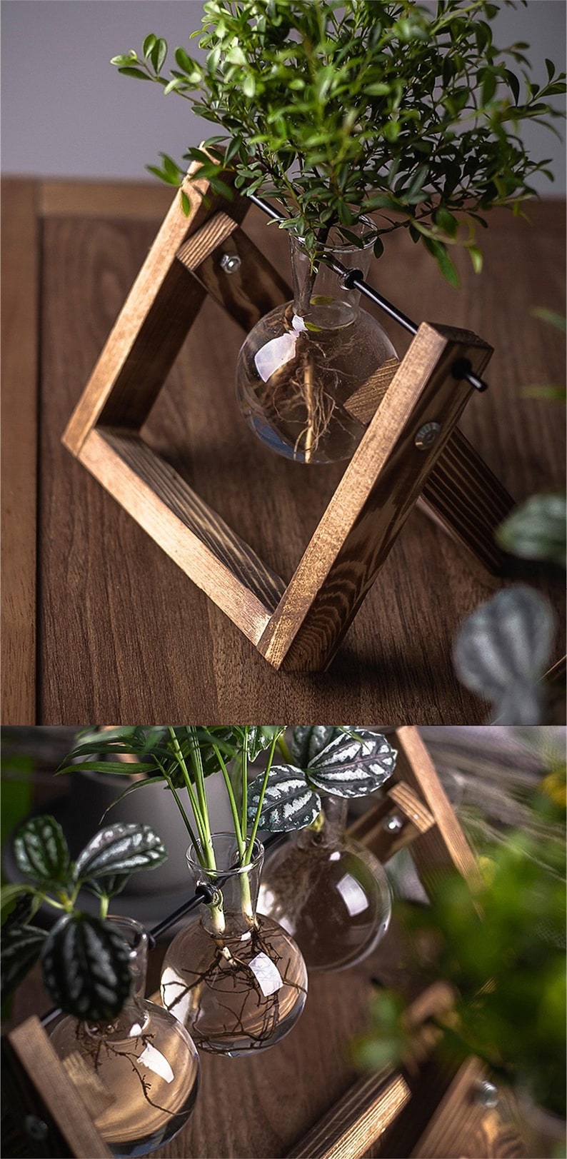 Creative Plant Terrarium with Wooden Stand, Air Planter Bulb Glass Vase Metal Swivel Holder Retro Tabletop for Hydroponics Home Garden Office Decoration