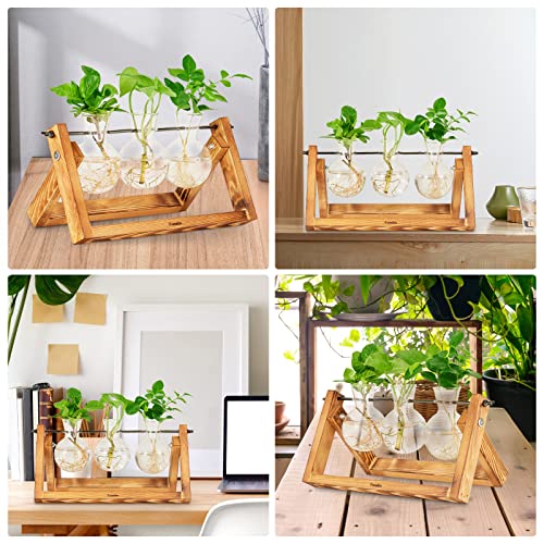 Creative Plant Terrarium with Wooden Stand, Air Planter Bulb Glass Vase Metal Swivel Holder Retro Tabletop for Hydroponics Home Garden Office Decoration