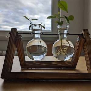 Creative Plant Terrarium with Wooden Stand, Air Planter Bulb Glass Vase Metal Swivel Holder Retro Tabletop for Hydroponics Home Garden Office Decoration