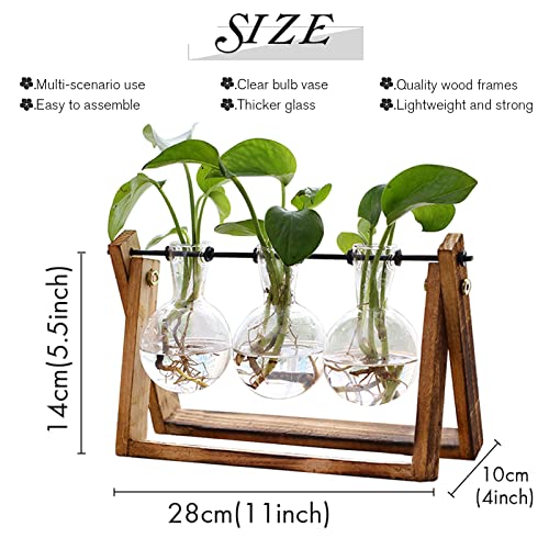 Creative Plant Terrarium with Wooden Stand, Air Planter Bulb Glass Vase Metal Swivel Holder Retro Tabletop for Hydroponics Home Garden Office Decoration