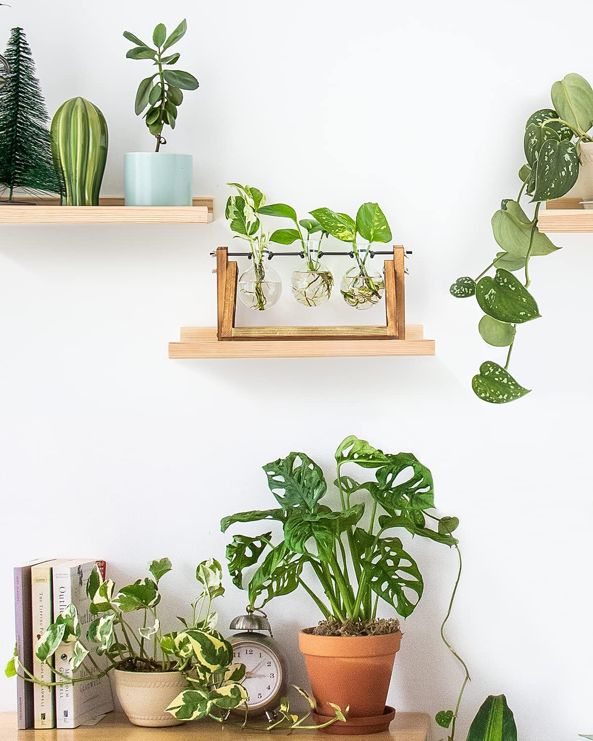 Creative Plant Terrarium with Wooden Stand, Air Planter Bulb Glass Vase Metal Swivel Holder Retro Tabletop for Hydroponics Home Garden Office Decoration