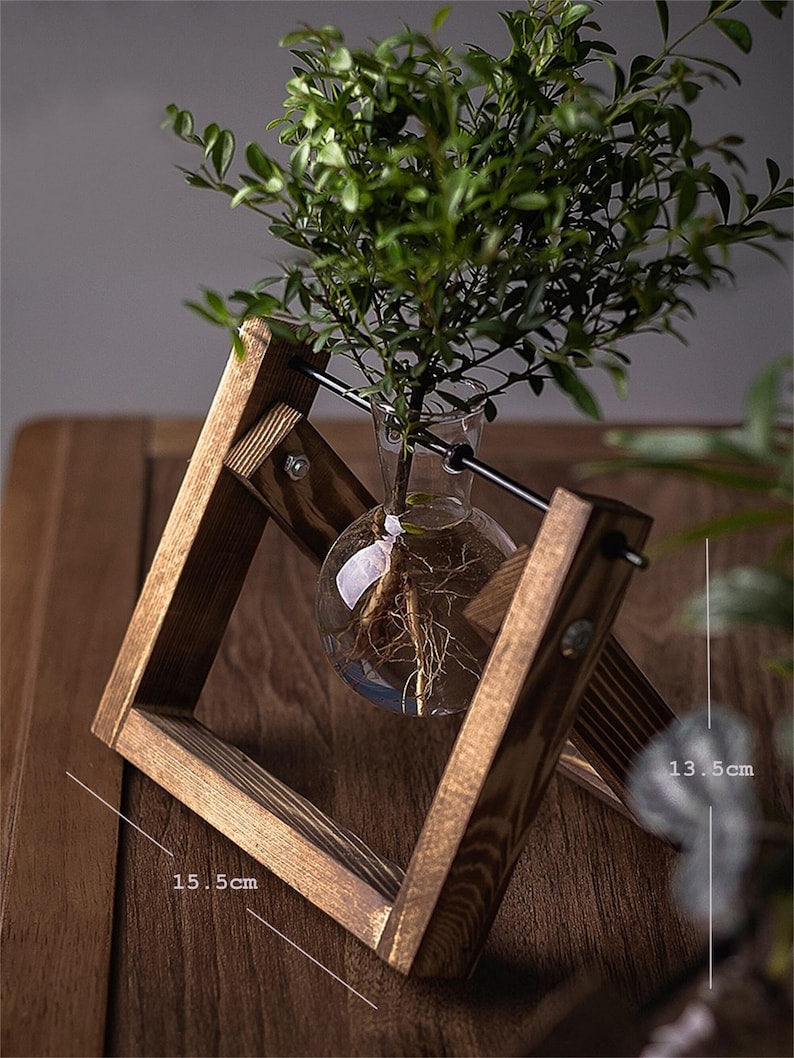Creative Plant Terrarium with Wooden Stand, Air Planter Bulb Glass Vase Metal Swivel Holder Retro Tabletop for Hydroponics Home Garden Office Decoration