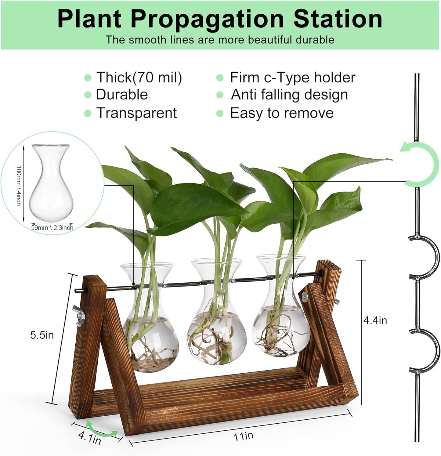 Creative Plant Terrarium with Wooden Stand, Air Planter Bulb Glass Vase Metal Swivel Holder Retro Tabletop for Hydroponics Home Garden Office Decoration