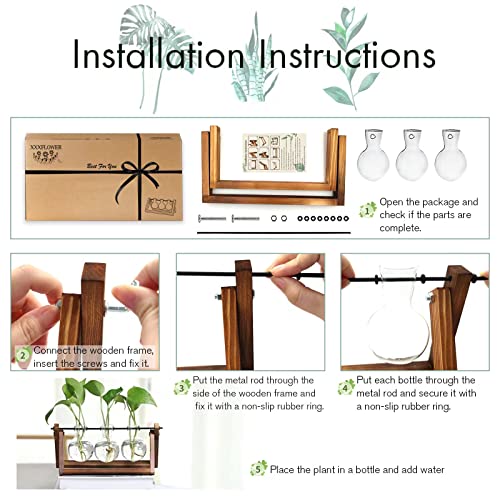 Creative Plant Terrarium with Wooden Stand, Air Planter Bulb Glass Vase Metal Swivel Holder Retro Tabletop for Hydroponics Home Garden Office Decoration