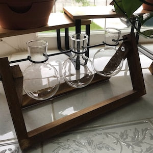 Creative Plant Terrarium with Wooden Stand, Air Planter Bulb Glass Vase Metal Swivel Holder Retro Tabletop for Hydroponics Home Garden Office Decoration