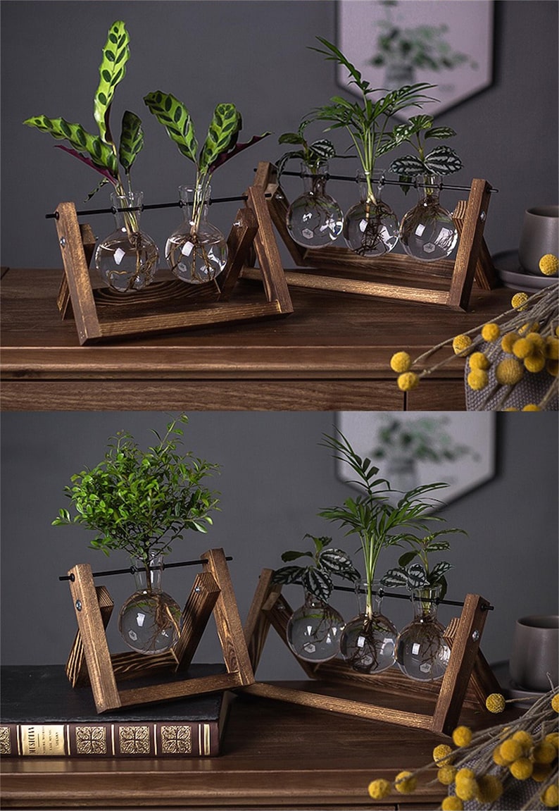 Creative Plant Terrarium with Wooden Stand, Air Planter Bulb Glass Vase Metal Swivel Holder Retro Tabletop for Hydroponics Home Garden Office Decoration
