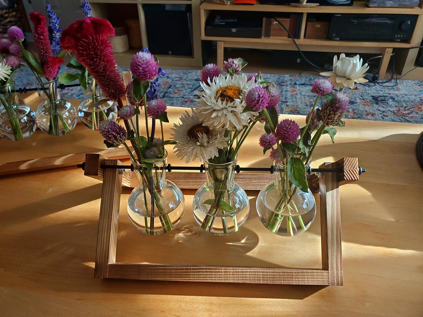 Creative Plant Terrarium with Wooden Stand, Air Planter Bulb Glass Vase Metal Swivel Holder Retro Tabletop for Hydroponics Home Garden Office Decoration