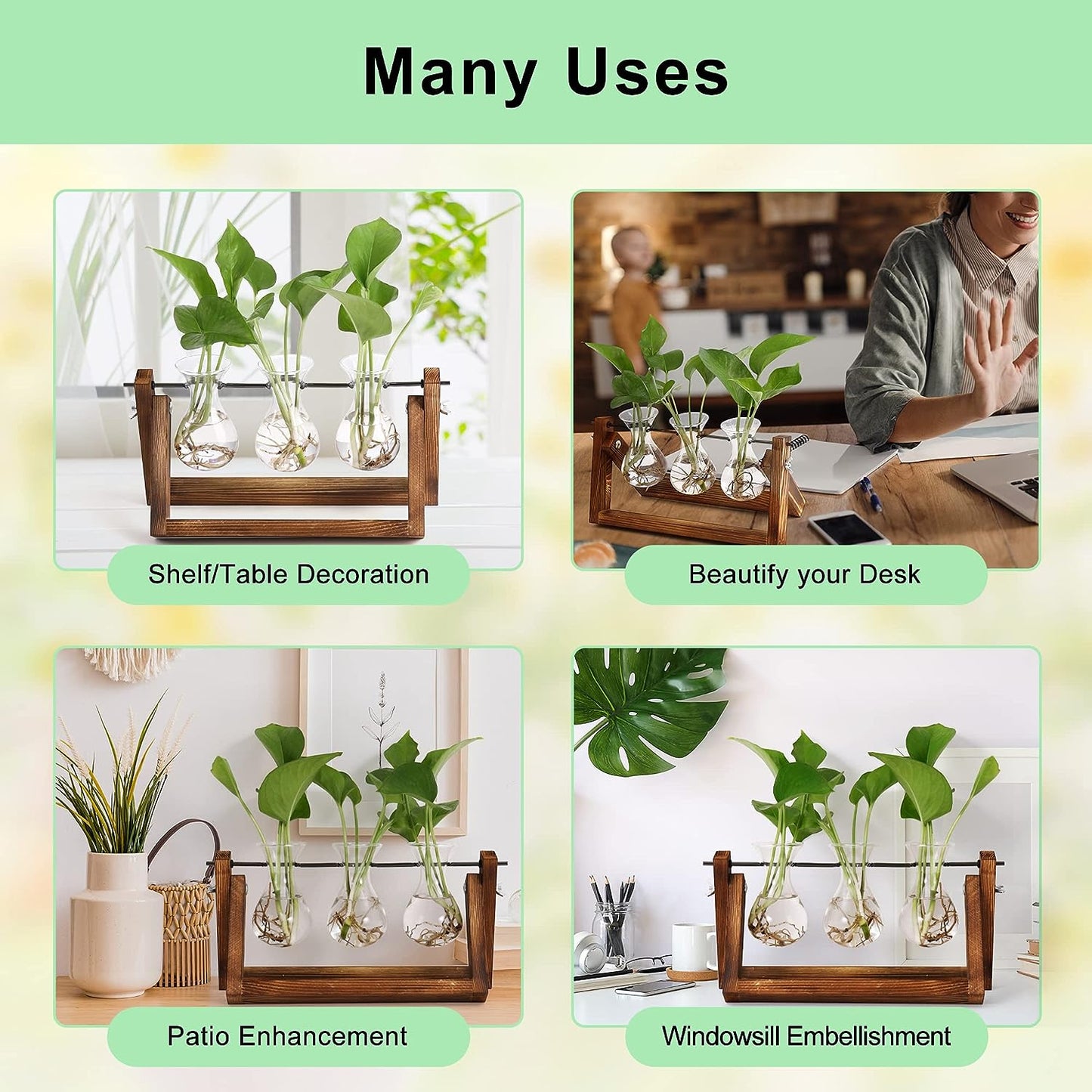 Creative Plant Terrarium with Wooden Stand, Air Planter Bulb Glass Vase Metal Swivel Holder Retro Tabletop for Hydroponics Home Garden Office Decoration
