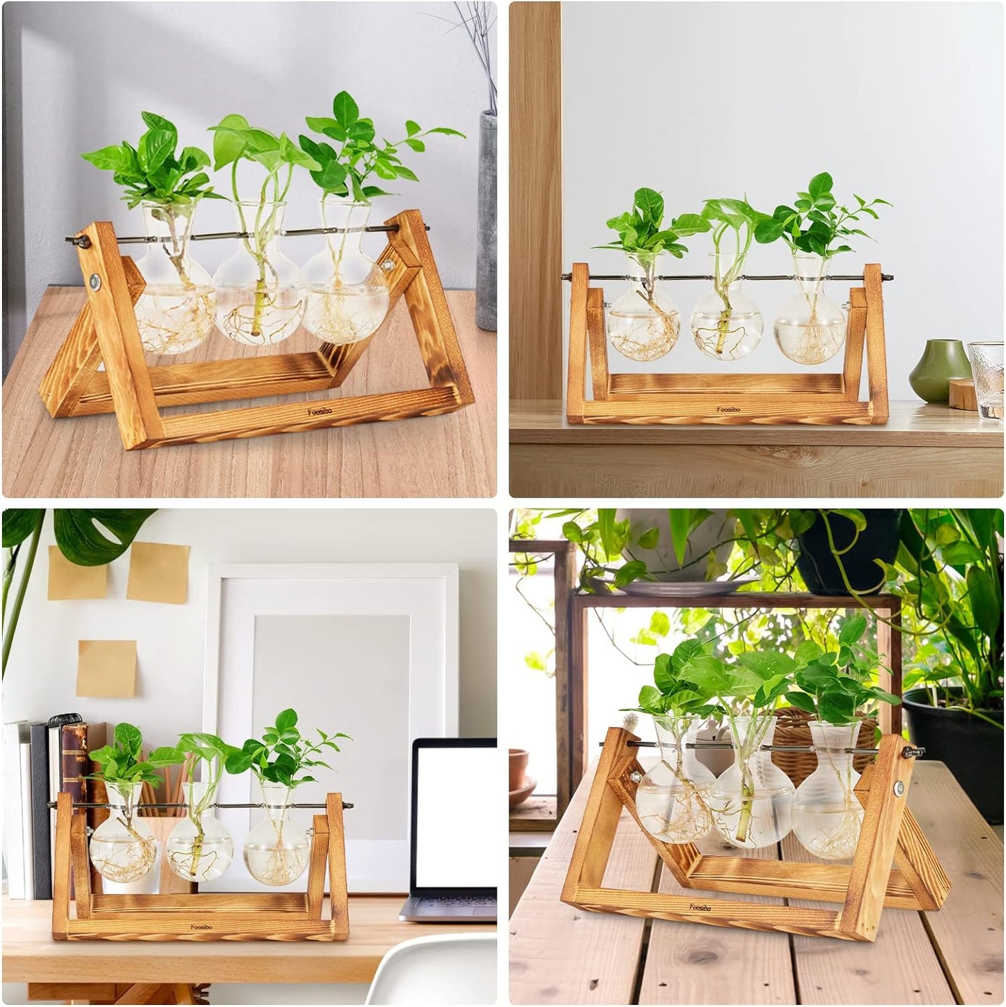 Creative Plant Terrarium with Wooden Stand, Air Planter Bulb Glass Vase Metal Swivel Holder Retro Tabletop for Hydroponics Home Garden Office Decoration