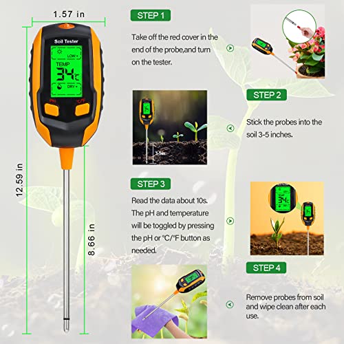 4-in-1 Soil Digital Meter: PH, Soil Moisture, Temperature, Sunlight Intensity/Environment Humidity Backlight LCD display Soil Test Meter for Gardening, Farming, Indoor and Outdoor Plants