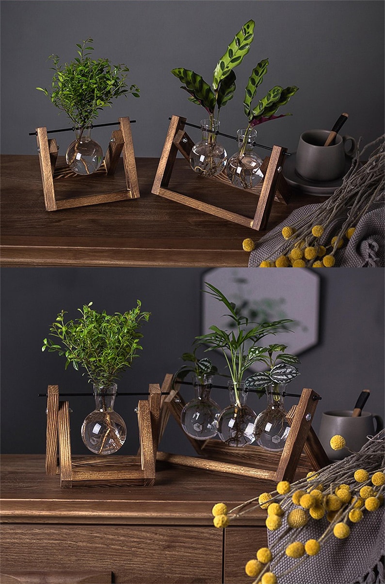Creative Plant Terrarium with Wooden Stand, Air Planter Bulb Glass Vase Metal Swivel Holder Retro Tabletop for Hydroponics Home Garden Office Decoration