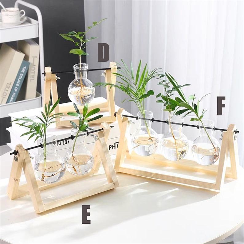 Creative Plant Terrarium with Wooden Stand, Air Planter Bulb Glass Vase Metal Swivel Holder Retro Tabletop for Hydroponics Home Garden Office Decoration