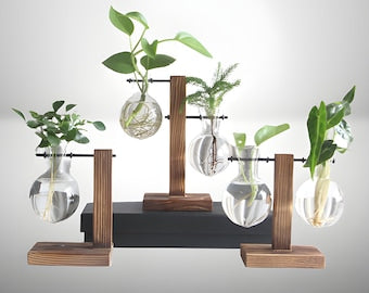 Creative Plant Terrarium with Wooden Stand, Air Planter Bulb Glass Vase Metal Swivel Holder Retro Tabletop for Hydroponics Home Garden Office Decoration