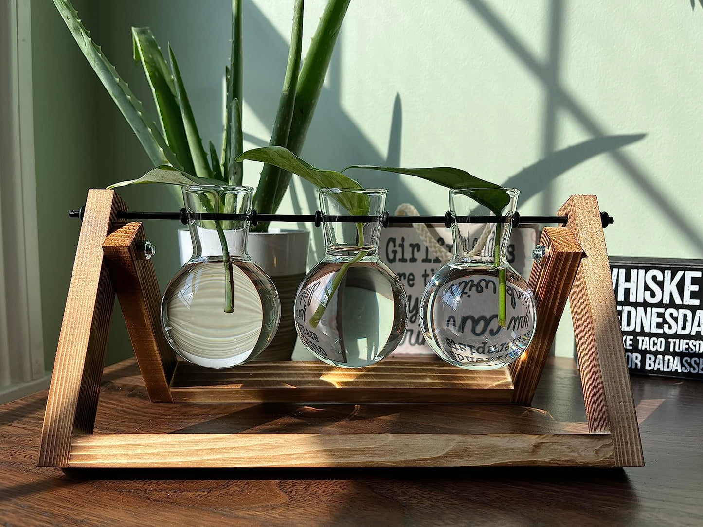 Creative Plant Terrarium with Wooden Stand, Air Planter Bulb Glass Vase Metal Swivel Holder Retro Tabletop for Hydroponics Home Garden Office Decoration