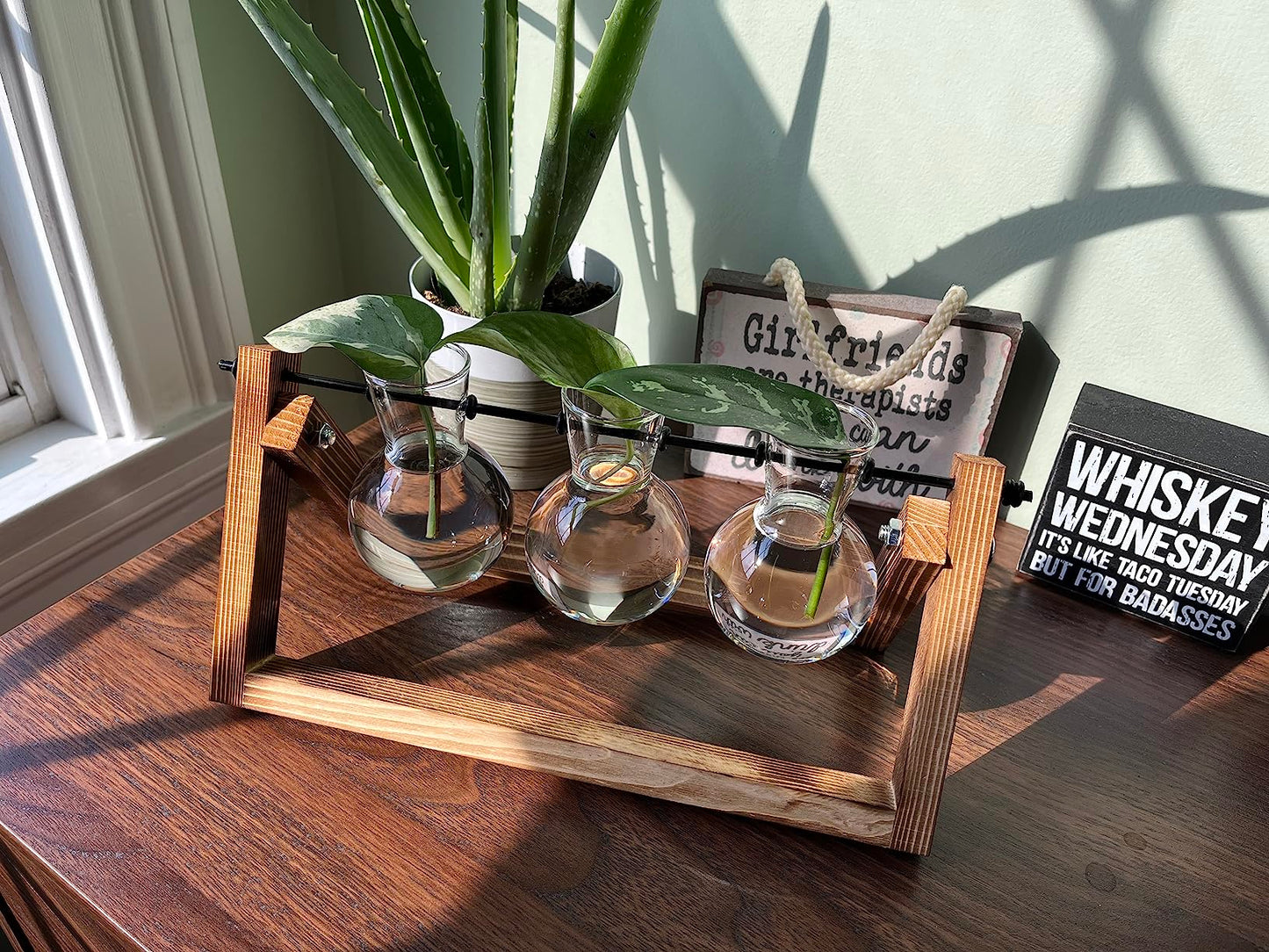 Creative Plant Terrarium with Wooden Stand, Air Planter Bulb Glass Vase Metal Swivel Holder Retro Tabletop for Hydroponics Home Garden Office Decoration