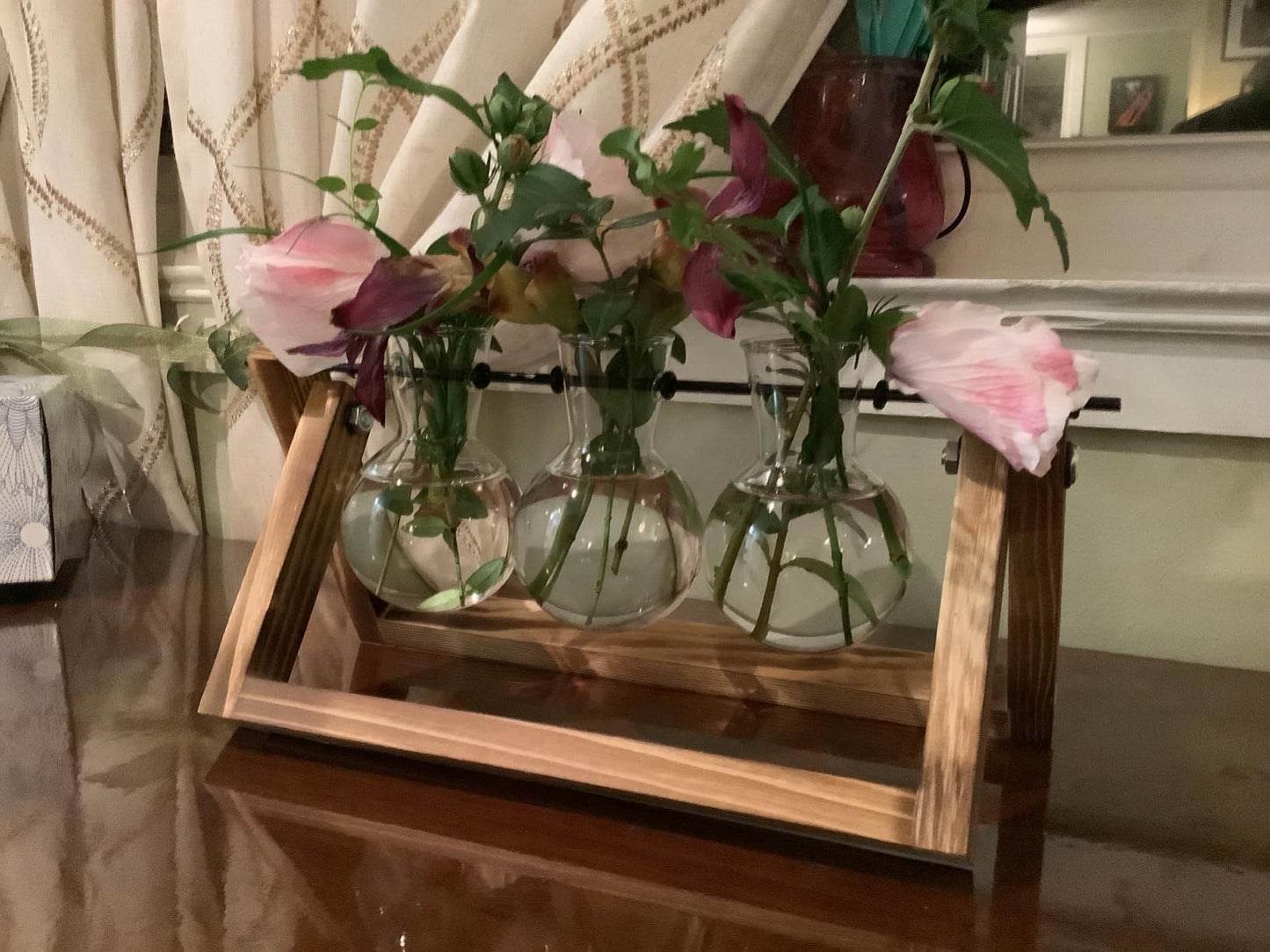 Creative Plant Terrarium with Wooden Stand, Air Planter Bulb Glass Vase Metal Swivel Holder Retro Tabletop for Hydroponics Home Garden Office Decoration