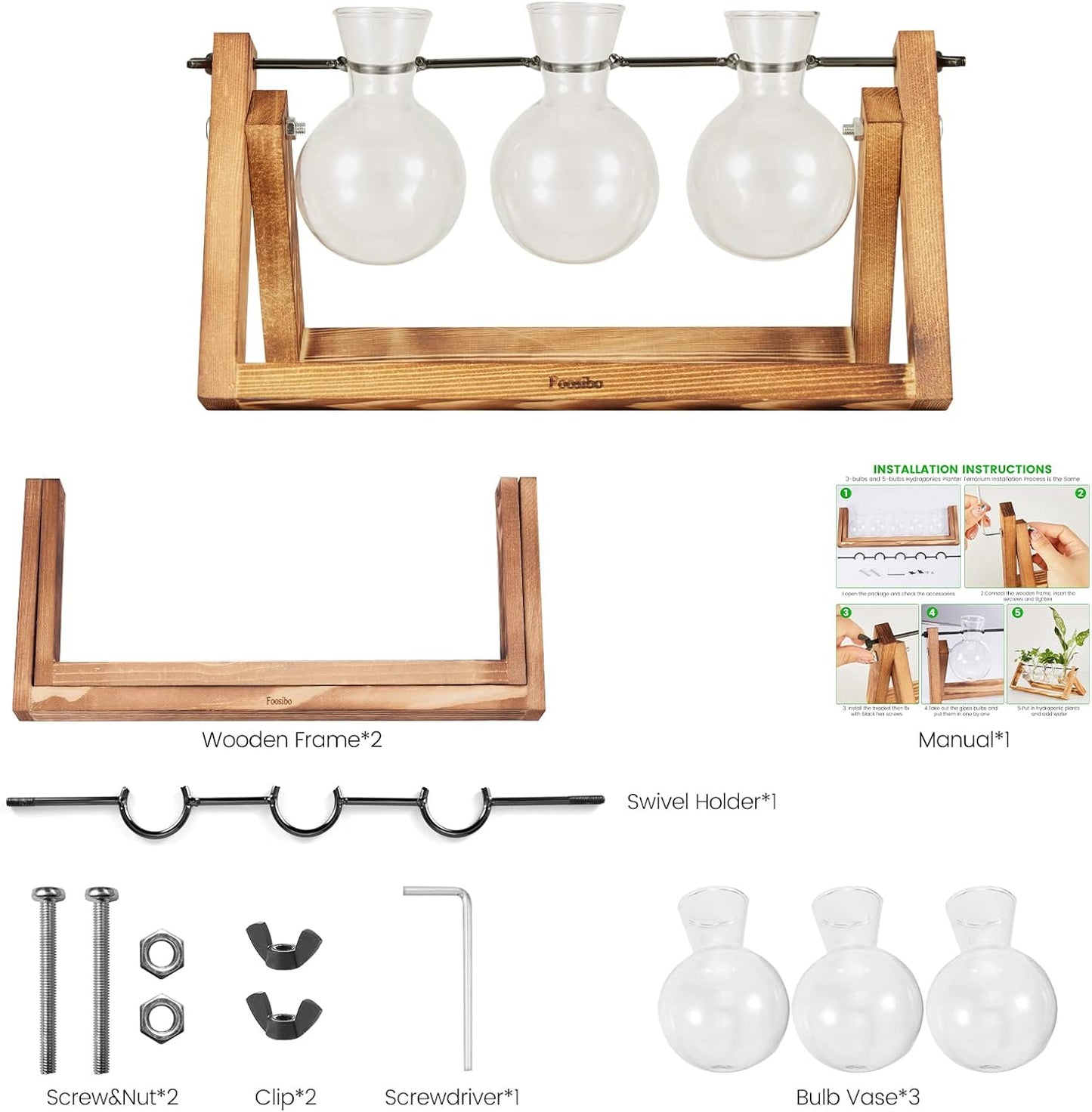 Creative Plant Terrarium with Wooden Stand, Air Planter Bulb Glass Vase Metal Swivel Holder Retro Tabletop for Hydroponics Home Garden Office Decoration