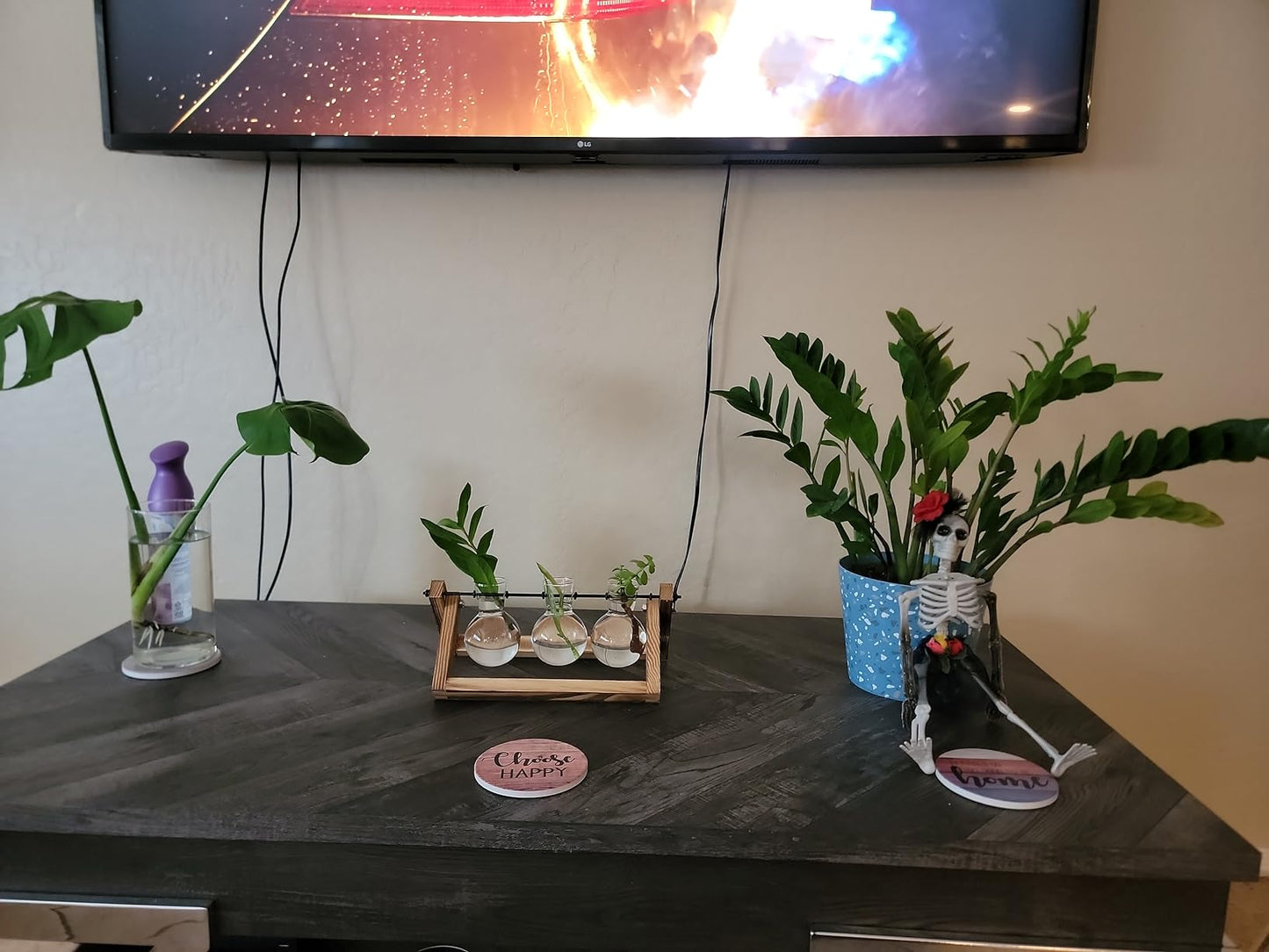 Creative Plant Terrarium with Wooden Stand, Air Planter Bulb Glass Vase Metal Swivel Holder Retro Tabletop for Hydroponics Home Garden Office Decoration