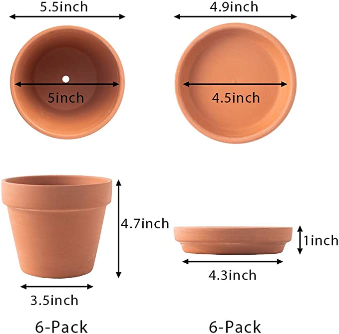 Terra Cotta Pots with Saucer - Multiple Pack Small & Large Terra Cotta Plant Pot with Drainage Hole, Flower Pot with Tray, Terracotta Pot for Indoor Outdoor Plant