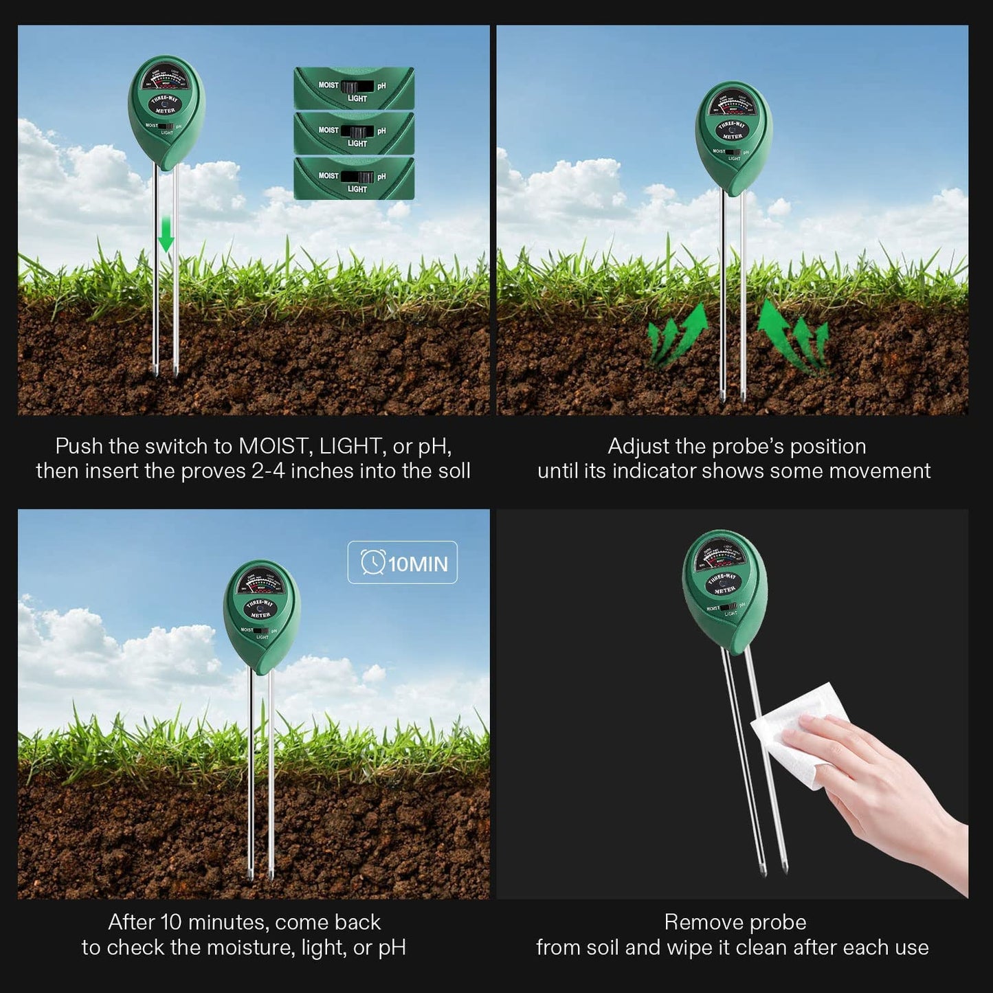 4-in-1 Soil Digital Meter: PH, Soil Moisture, Temperature, Sunlight Intensity/Environment Humidity Backlight LCD display Soil Test Meter for Gardening, Farming, Indoor and Outdoor Plants